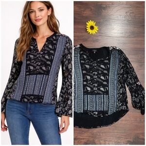 Lucky Brand Boho Tunic Long Flared Sleeve V Neck Embroidered